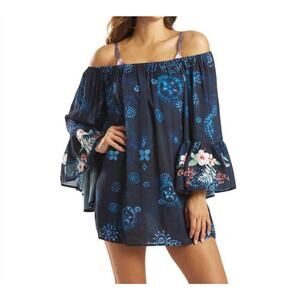Johnny Was Off the Shoulder Cover Up dress tunic top blue floral embroidered